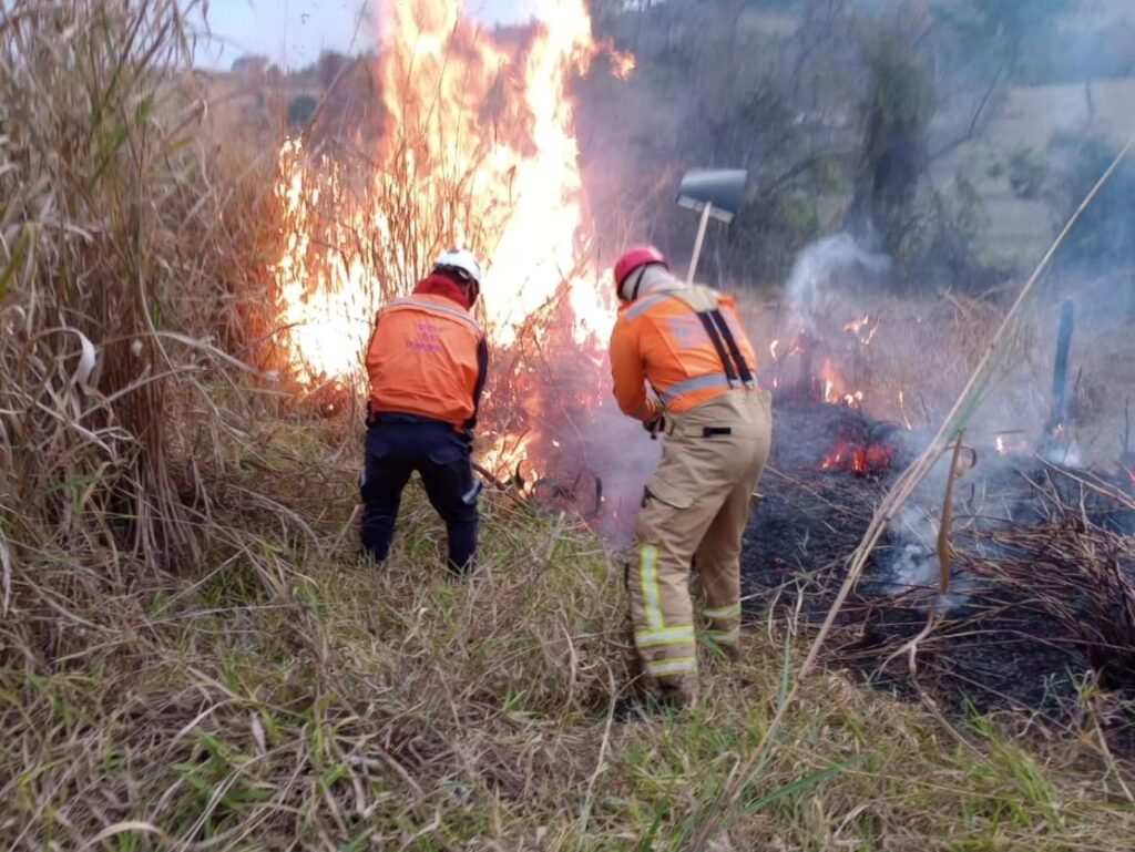 O Corpo de Bombeiros e Defesa Civil combatem incêndio no Sítio Fazendinha, em Guaranésia