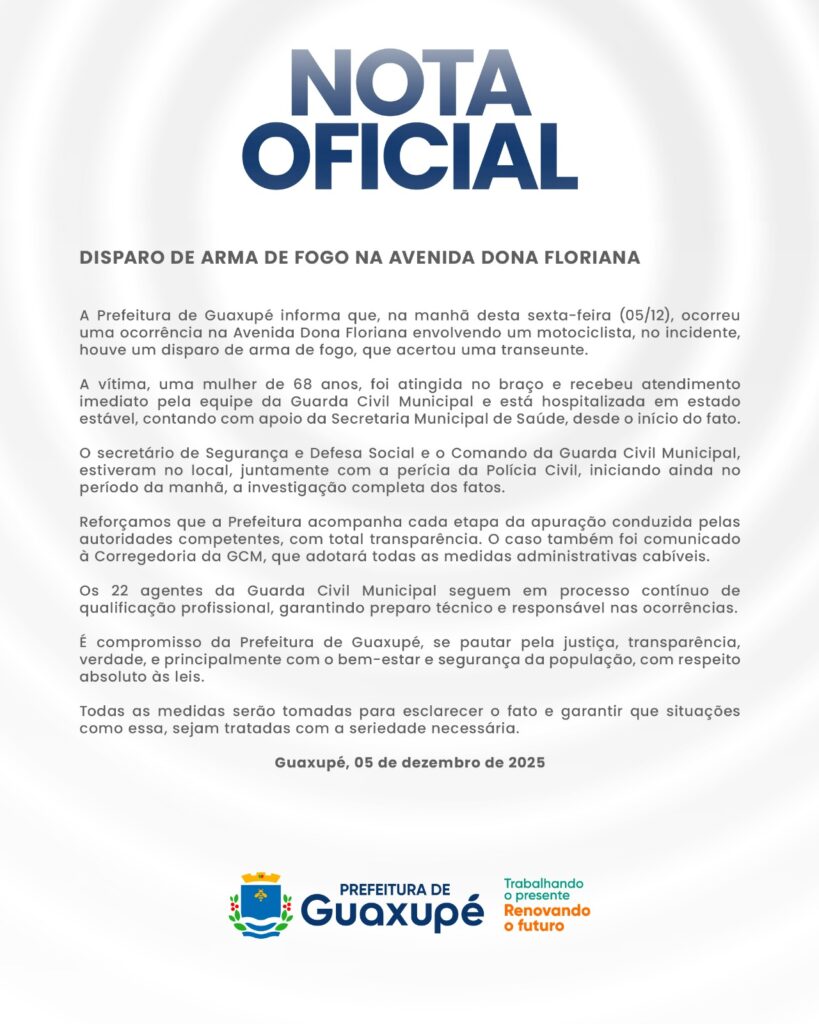 Prefeitura de Guaxupé emite nota oficial sobre disparo de arma que atingiu mulher em via pública