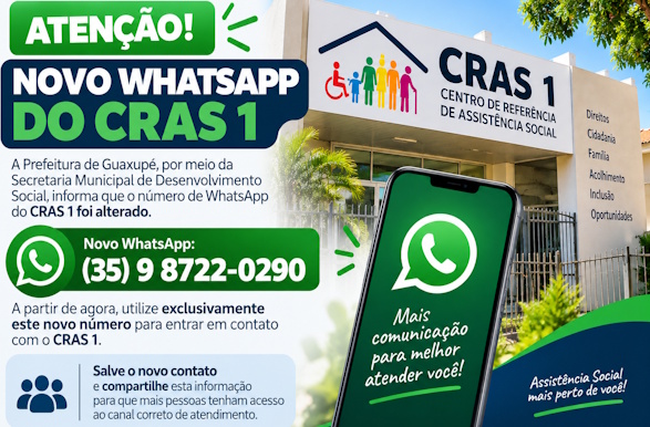 CRAS 1 de Guaxupé passa a atender por novo número de WhatsApp